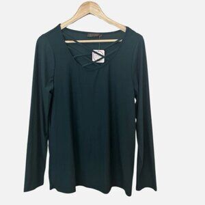 NEW Women's Large Deep Green Long Sleeve Soft Stretch Criss Cross Neckline Top